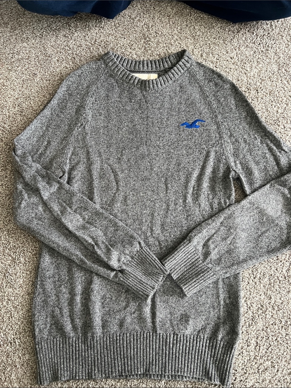 Hollister Men's Gray Crewneck Sweater with Blue Logo